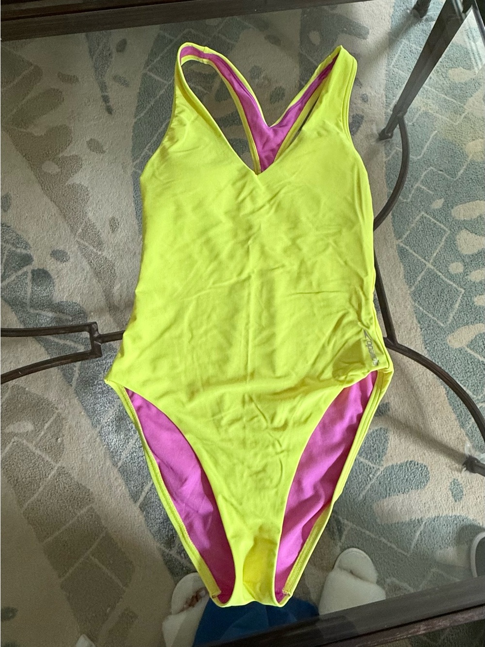 Speedo Neon Yellow Swimsuit with Bright Pink Lining - Small
